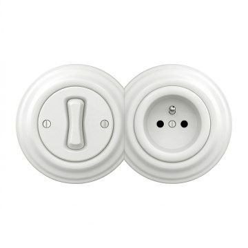 Kliklap - Retro enpolet afbryder nr. 1 og 230V-stikkontakt med ramme, snehvid