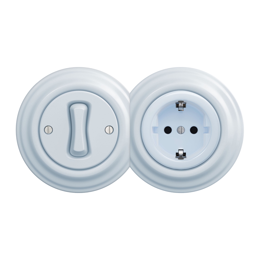 Kliklap – Retro enpolet afbryder nr. 1 og SCHUKO-stikkontakt 230 V med ramme i blå