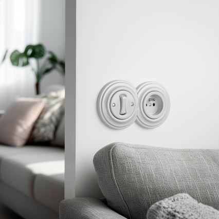 Kliklap - Retro enkeltpolet afbryder nr. 1 og 230 V-stikkontakt med ramme, keramisk hvid