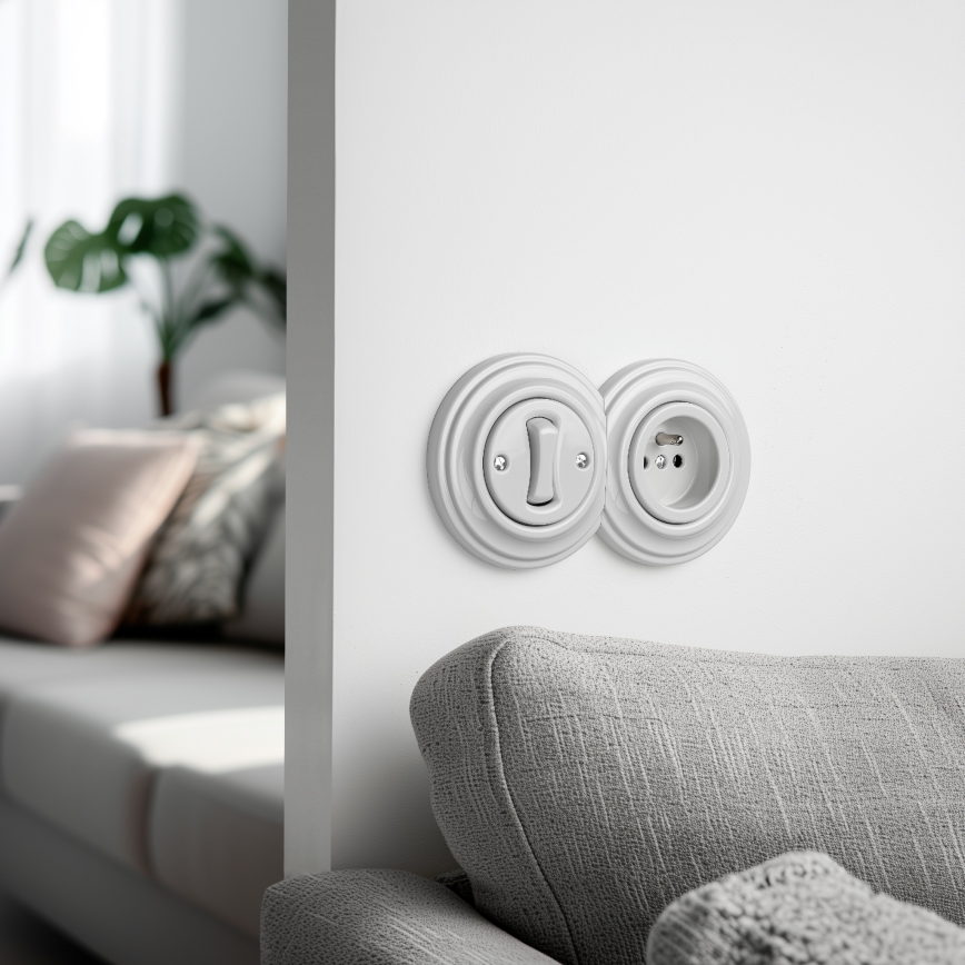 Kliklap - Retro enkeltpolet afbryder nr. 1 og 230 V-stikkontakt med ramme, keramisk hvid