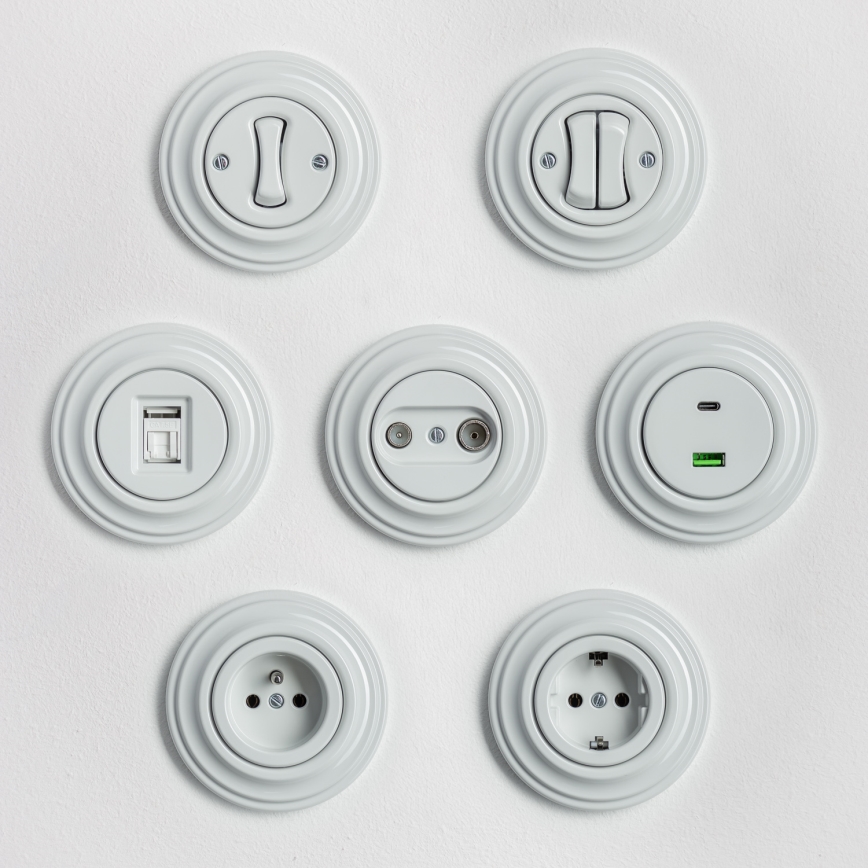 Kliklap - Retro gennemgående TV- og radioudtag med keramisk ramme, hvid