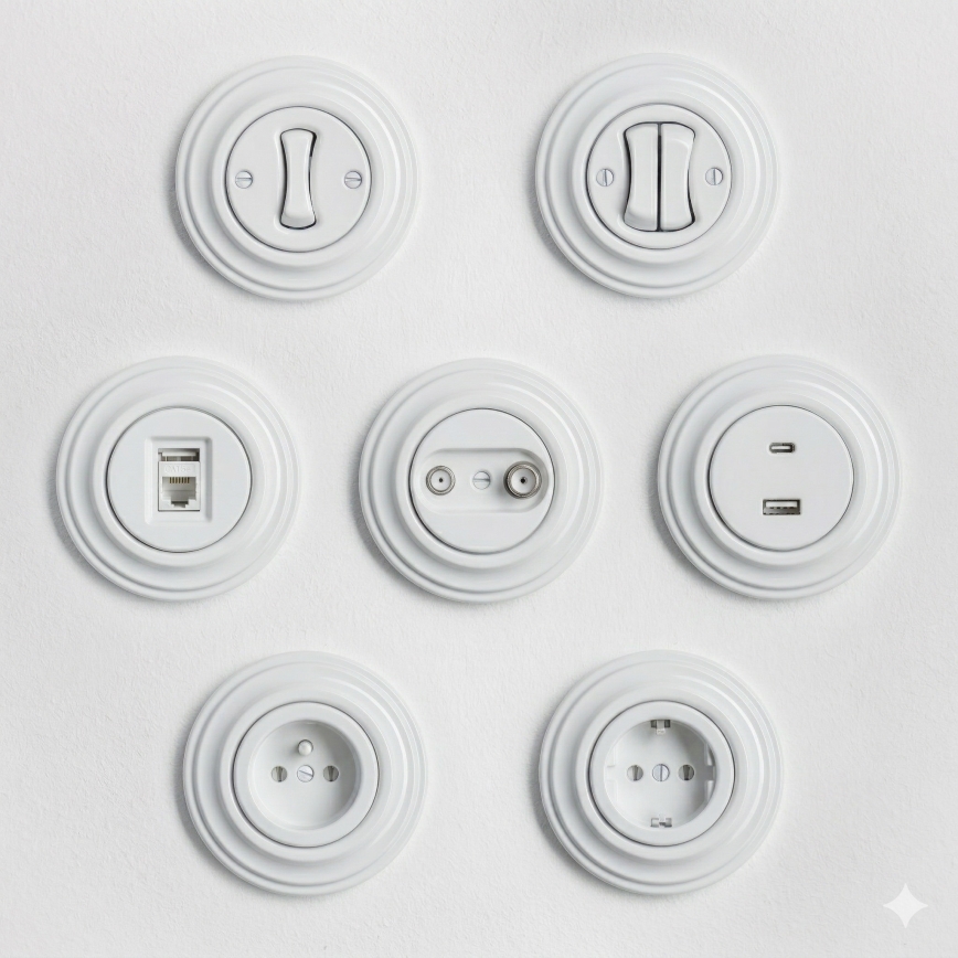 Kliklap - Retro krydsafbryder med ramme nr. 7 i snehvid