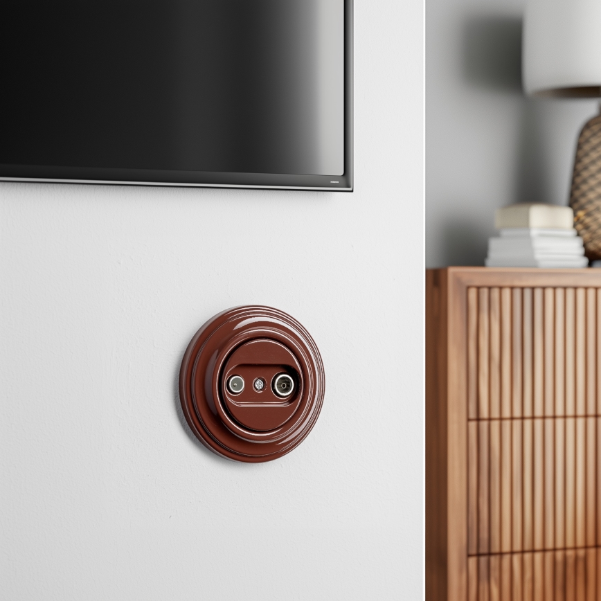 Kliklap - Retro TV+R afslutningsudtag med ramme, brun