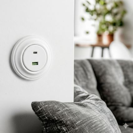 Kliklap - Retro USB-stikkontakt A+C med ramme i snehvid