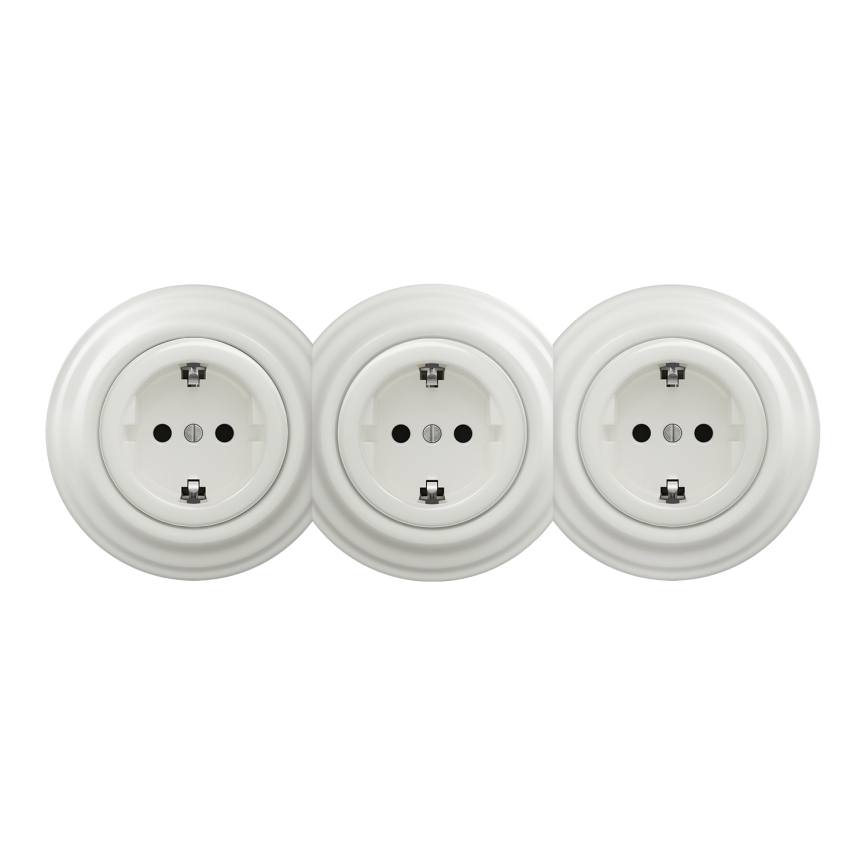 Kliklap - Tredobbelt retro stikkontakt med ramme SCHUKO 230V hvid