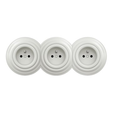 Kliklap - Tredobbelt retro-stikkontakt med ramme til hjemmet, 230V, i hvid keramik