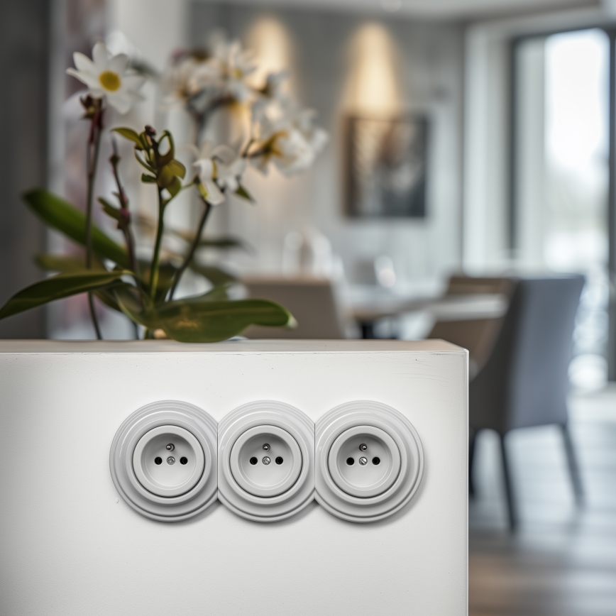 Kliklap - Tredobbelt retro-stikkontakt med ramme til hjemmet, 230V, i hvid keramik