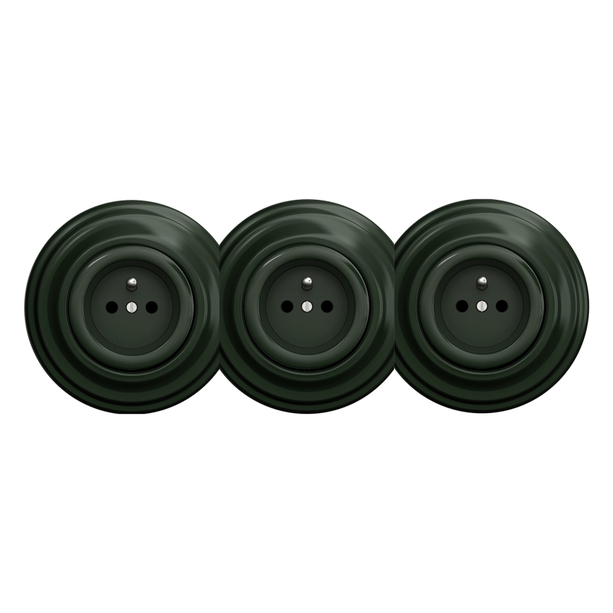 Kliklap - Tredobbelt retro-stikkontakt til hjemmet med ramme, 230 V, grøn