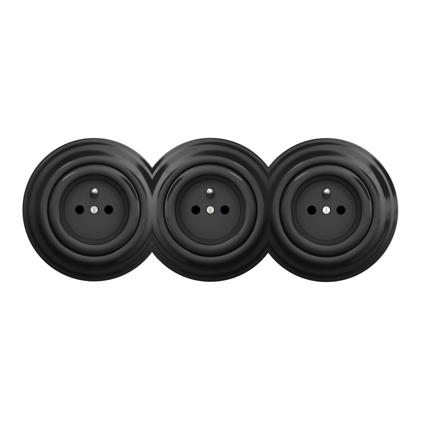 Kliklap - Tredobbelt retro-stikkontakt til hjemmet med ramme 230V sort