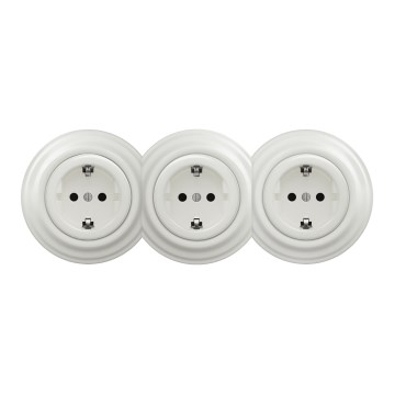 Kliklap - Tredobbelt retro stikkontakt til hjemmet med ramme, SCHUKO 230 V, keramisk hvid