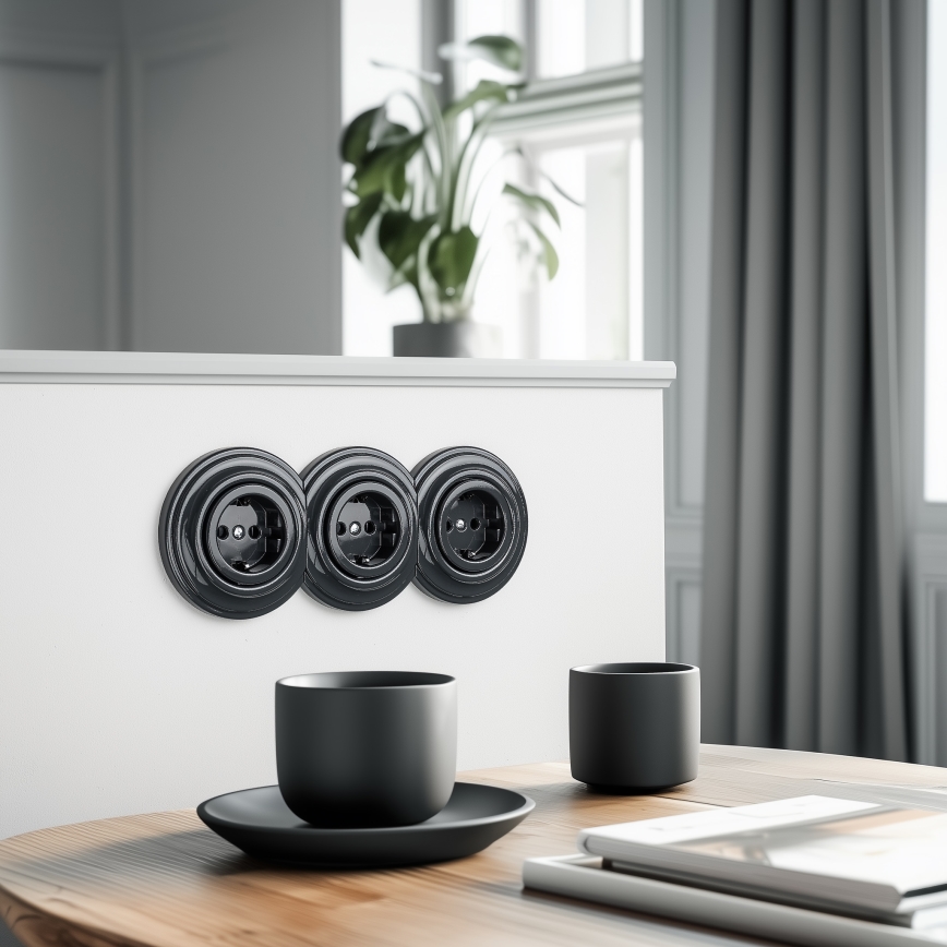 Kliklap - Tredobbelt retro-stikkontakt til hjemmet med ramme SCHUKO 230V antracit