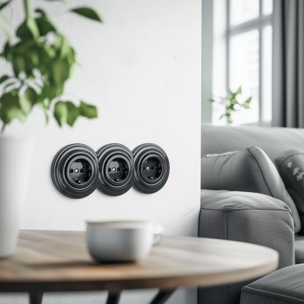 Kliklap - Tredobbelt retro-stikkontakt til hjemmet med ramme SCHUKO 230V antracit