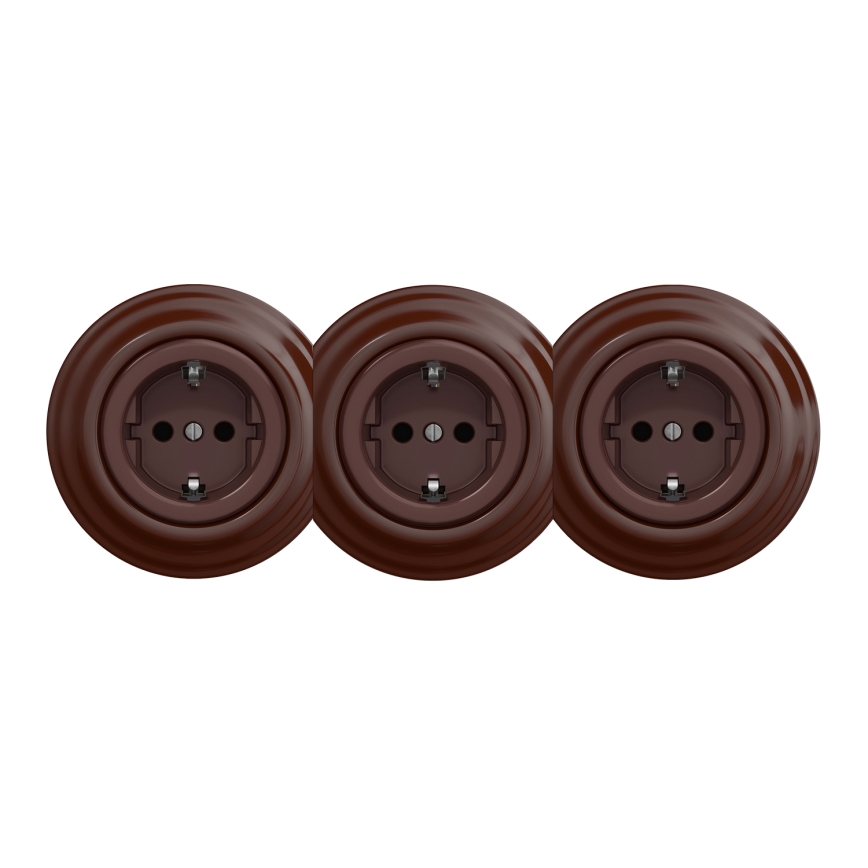 Kliklap - Trippel retro husholdningsstikkontakt med ramme SCHUKO 230V brun