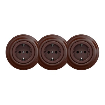 Kliklap - trippel retro-stikkontakt til hjemmet med ramme, SCHUKO 230V, brun