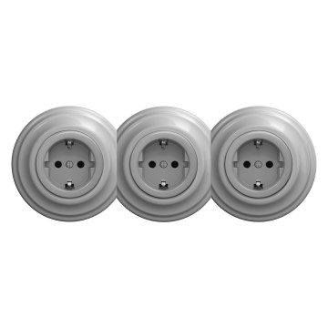 Kliklap - Trippel retro stikkontakt til hjemmet med ramme SCHUKO 230V grå