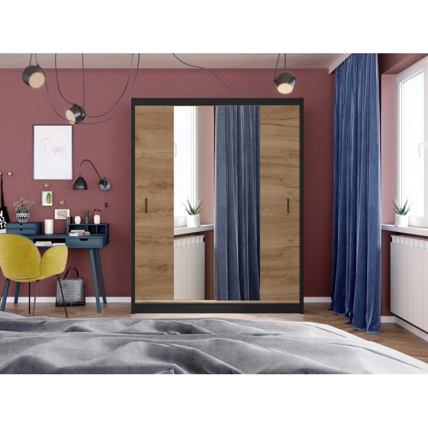Klædeskab med spejl MIRO 203x215 cm eg craft/sort