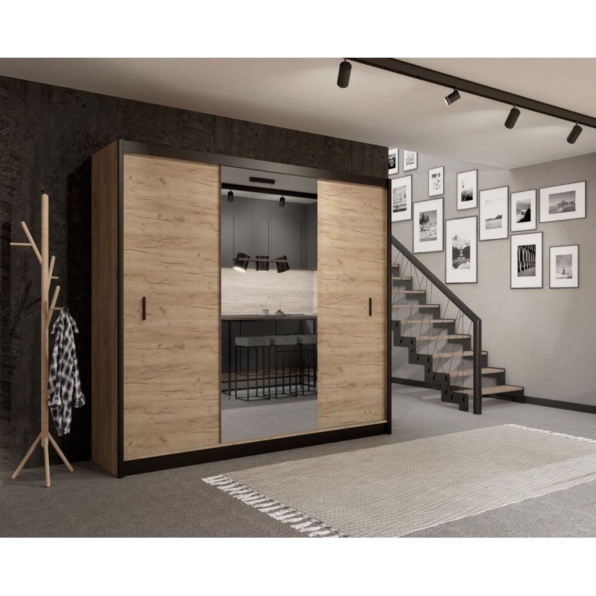 Klædeskab med spejl MIRO 250x215 cm eg craft/sort