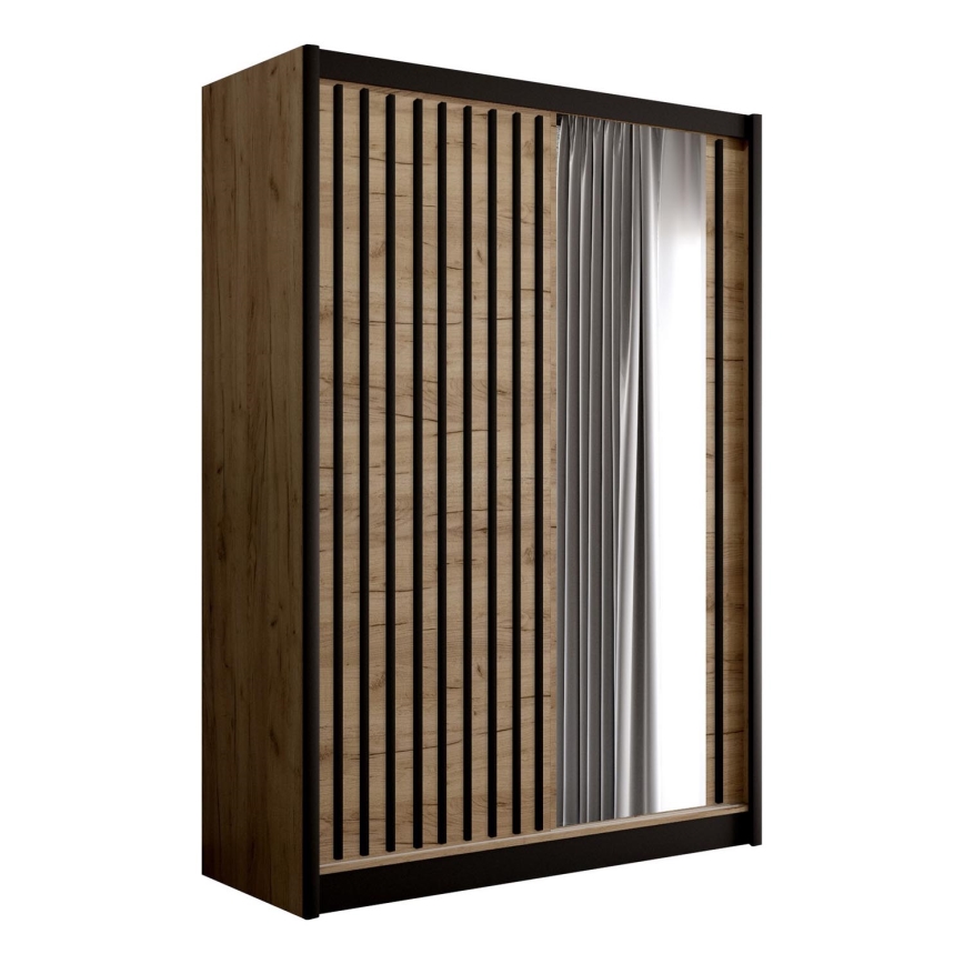 Klædeskab med spejl SANTINO 150x215 cm eg craft/sort