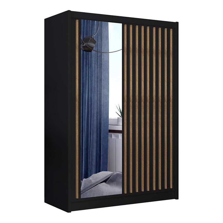 Klædeskab med spejl SANTINO 150x215 cm sort/eg craft