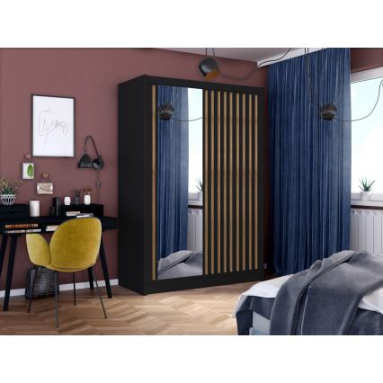 Klædeskab med spejl SANTINO 150x215 cm sort/eg craft