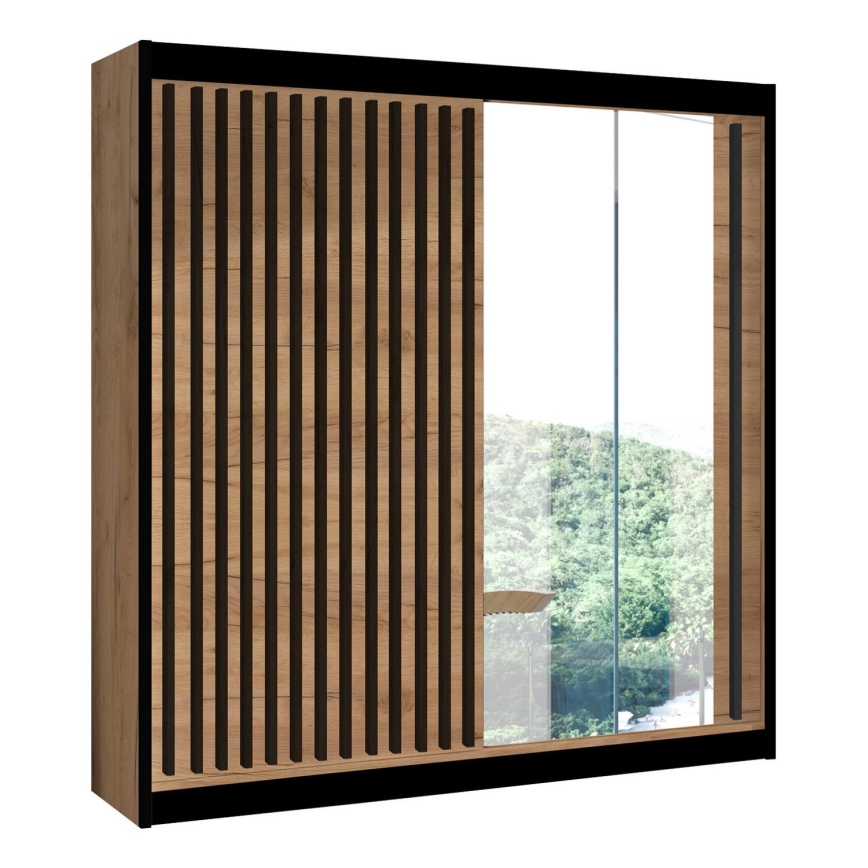 Klædeskab med spejl SANTINO 203x215 cm eg craft/sort