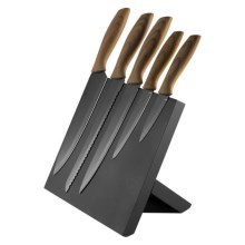 Knivsæt 5 dele rustfrit stål med magnetisk stativ træ/sort