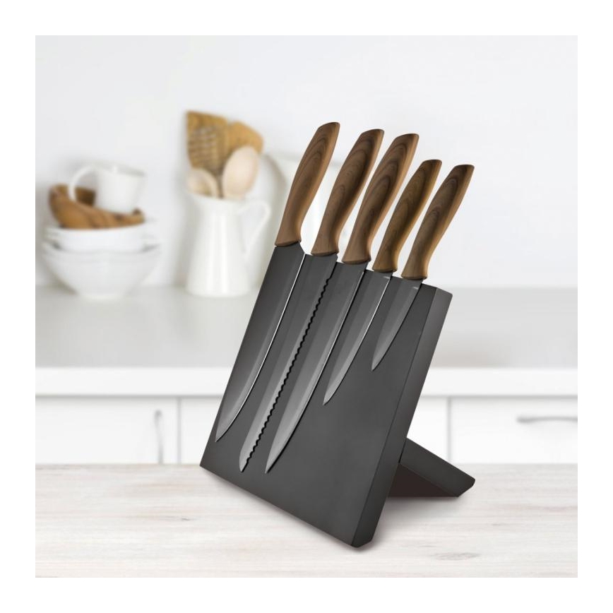 Knivsæt 5 dele rustfrit stål med magnetisk stativ træ/sort