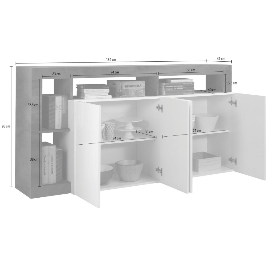 Kommode LENOR 184x93x42 cm hvid/grå beton