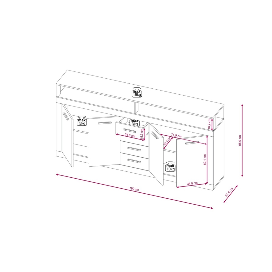 Kommode RUNA 190x96x32 cm mørkebrun/antracit