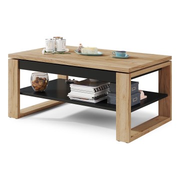 Konferencebord med hæve/sænke bordplade og hylde NEA egetræ craft/sort