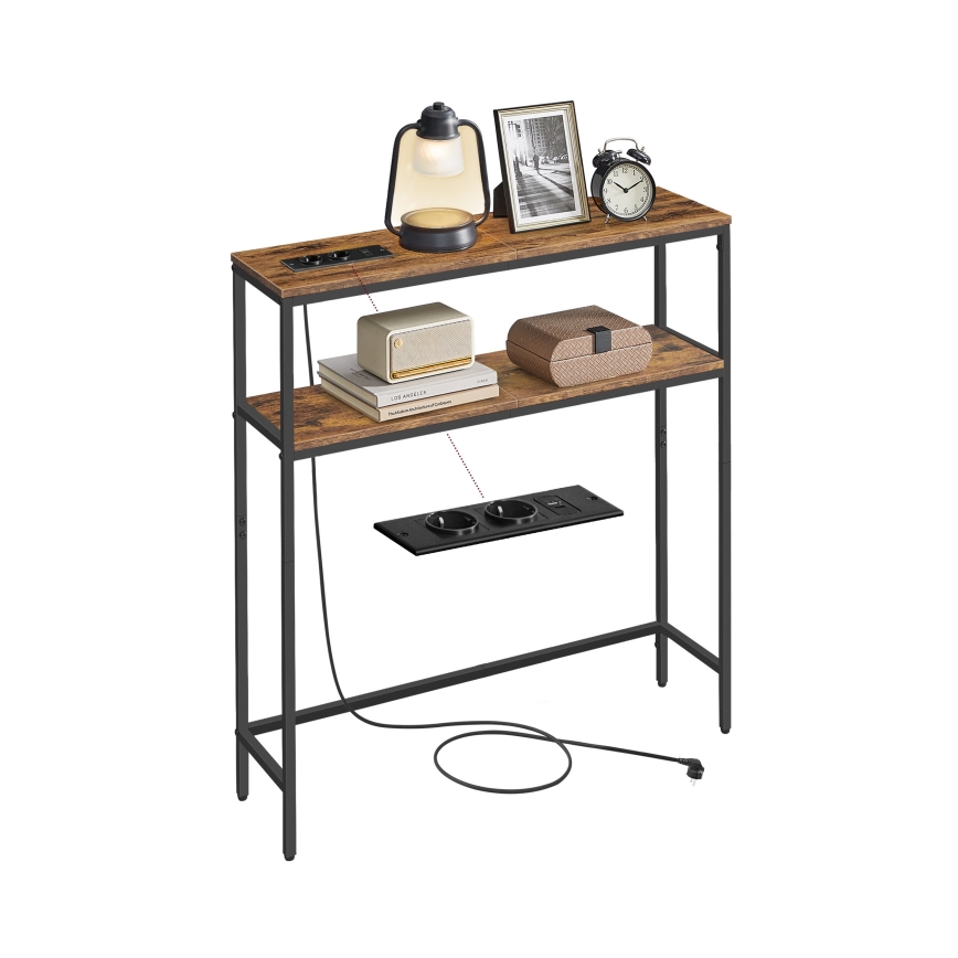 Konsolbord med indbyggede stikkontakter og USB-porte LUVOR 80x20 cm brun/sort