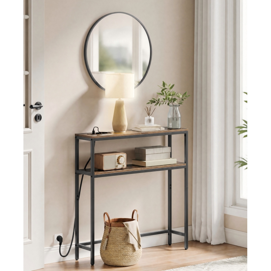 Konsolbord med indbyggede stikkontakter og USB-porte LUVOR 80x20 cm brun/sort