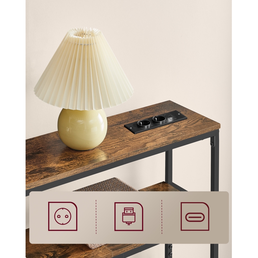 Konsolbord med indbyggede stikkontakter og USB-porte LUVOR 80x20 cm brun/sort