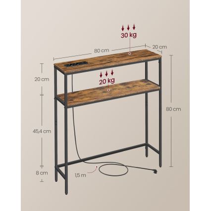 Konsolbord med indbyggede stikkontakter og USB-porte LUVOR 80x20 cm brun/sort
