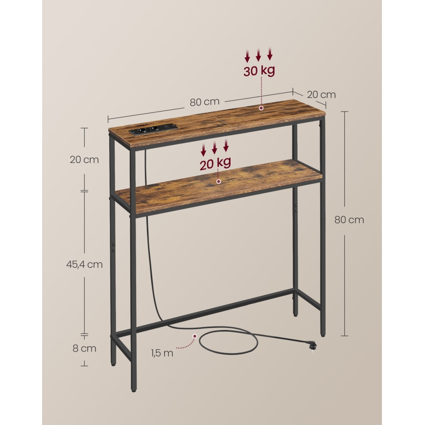 Konsolbord med indbyggede stikkontakter og USB-porte LUVOR 80x20 cm brun/sort