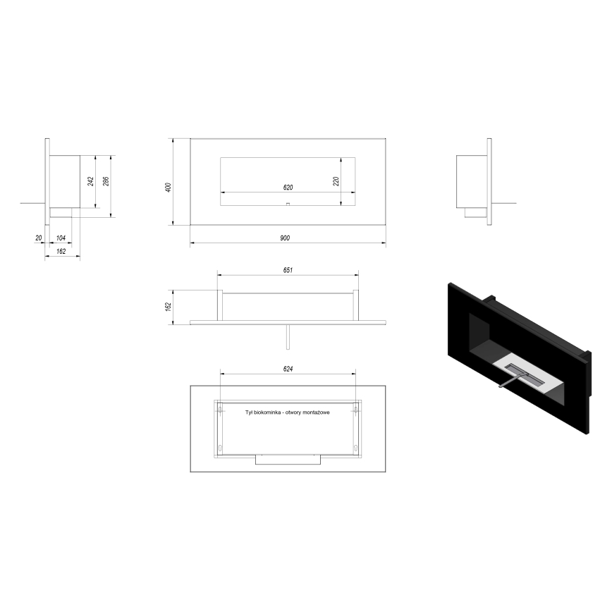 Kratki - Indbygget biopejs 40x90 cm 2kW sort