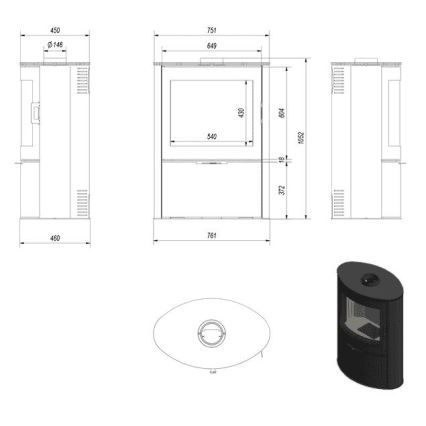 Kratki - Pejs stål med automatisk dørlukning 10kW 150 mm sort