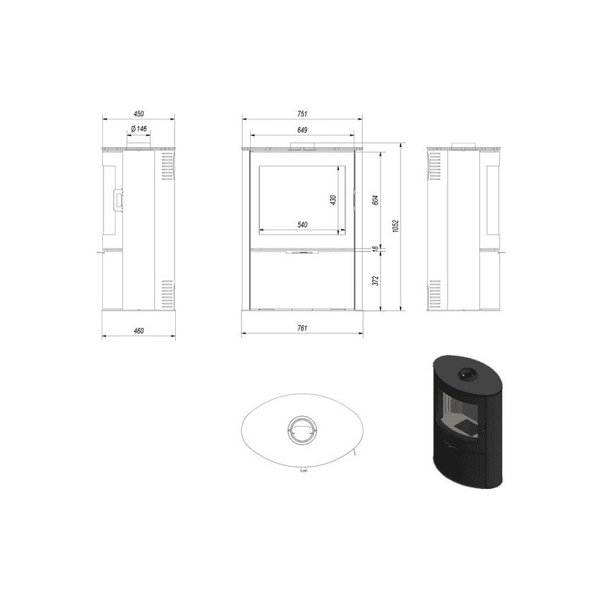 Kratki - Pejs stål med automatisk dørlukning 10kW 150 mm sort