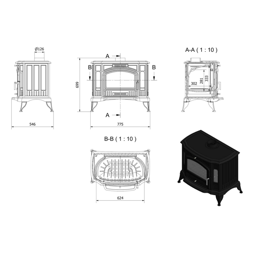Kratki - Brændeovn i støbejern 10 kW 130 mm