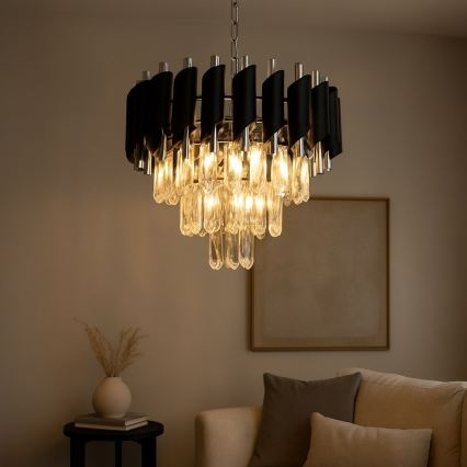 Kædeophængt lysekrone CRISTAL 5xE14/10W/230V sort/mat krom