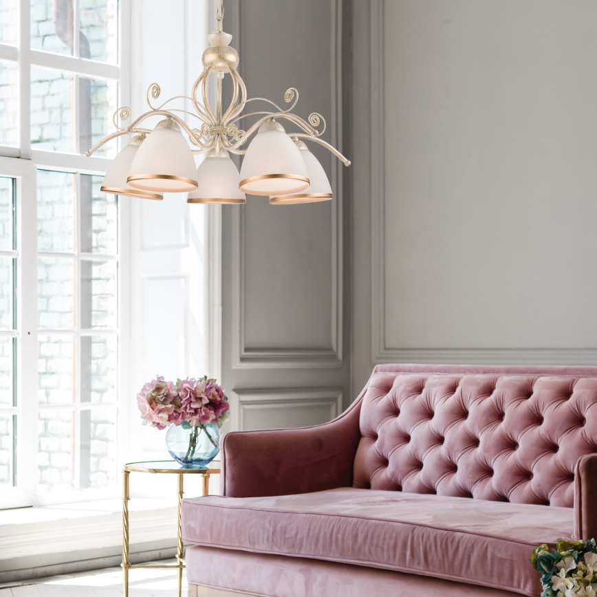 Kædeophængt lysekrone RETRO II 5xE27/60W/230V hvid patina