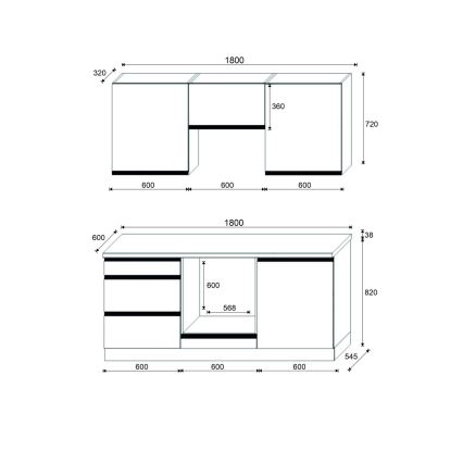 Køkkenblok MARINA 180 cm eg craft/højglans sort
