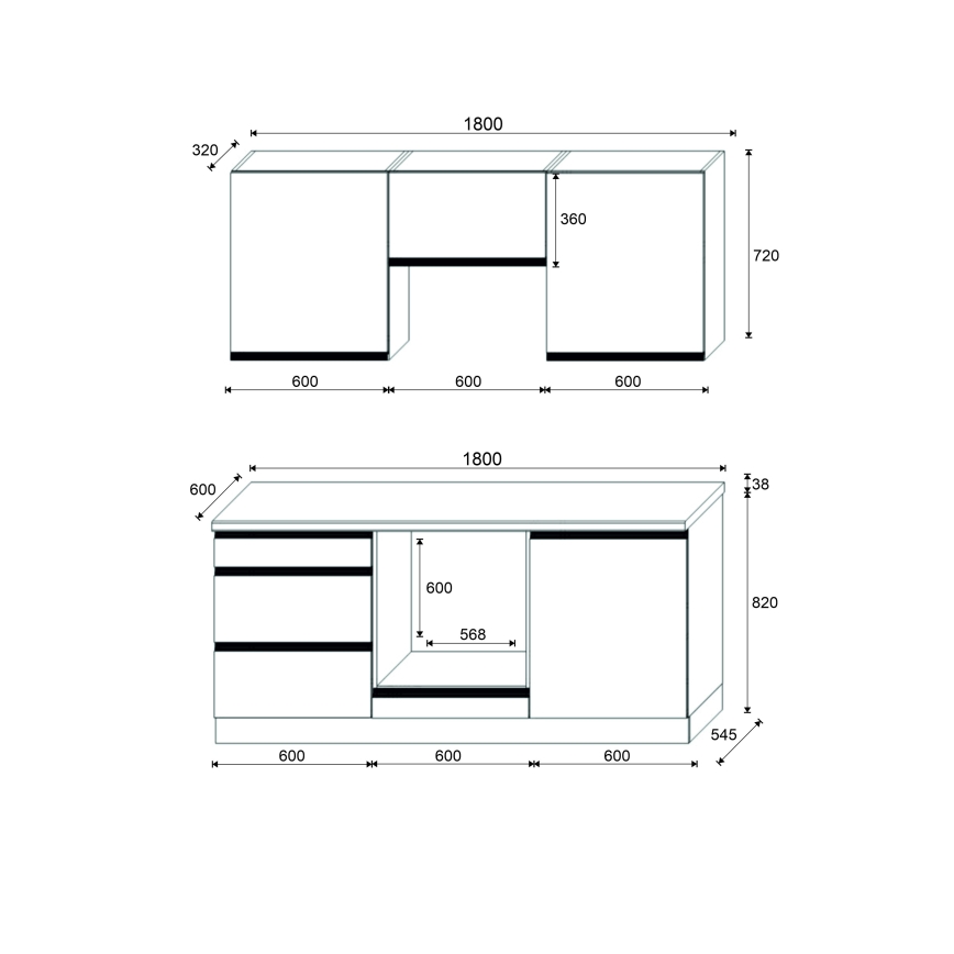 Køkkenblok MARINA 180 cm eg craft/højglans sort