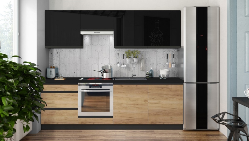 Køkkenbord MARINA 240 cm i egetræ/blank sort