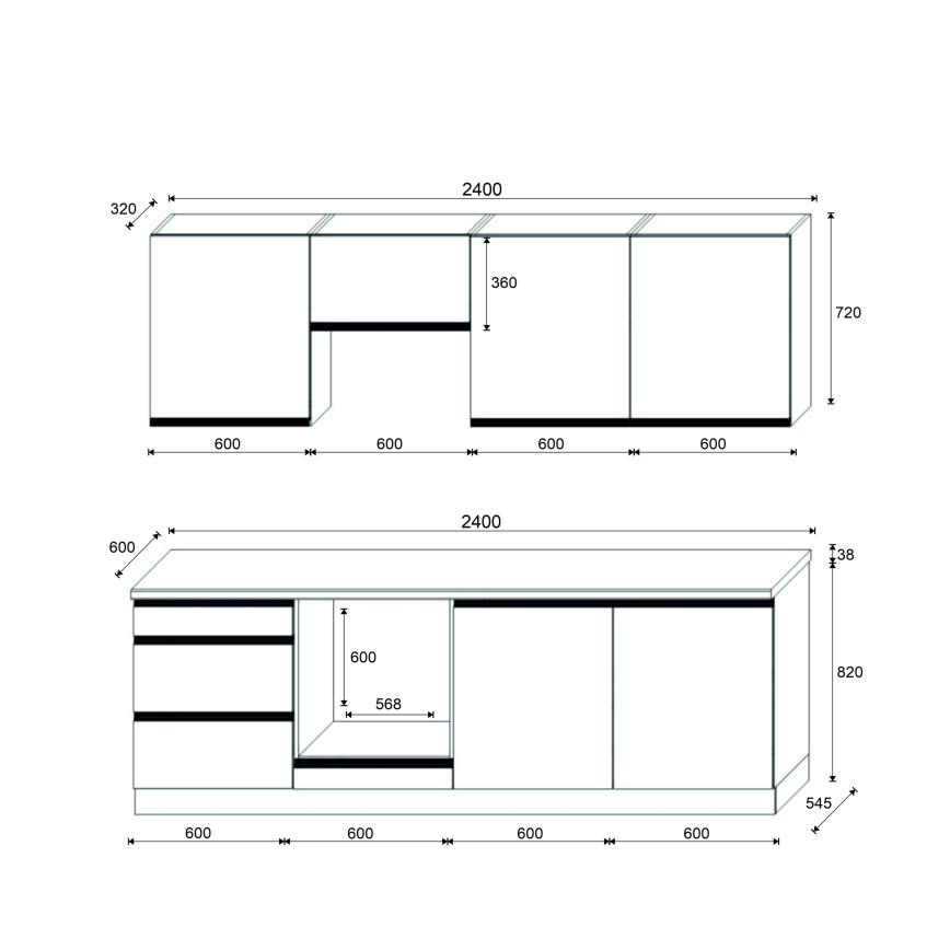 Køkkenmodul MARINA 240 cm craft-eg/højglans sort