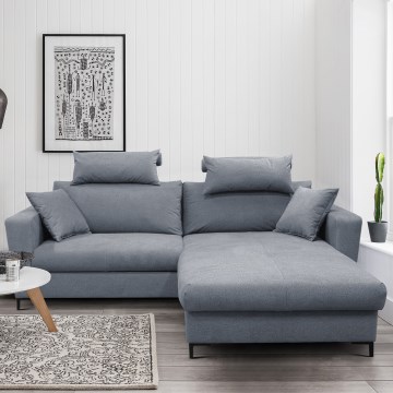 L-formet hjørnesofa HORTA med udtrækbar sovefunktion og integreret opbevaringsrum, højrevendt, mørkegrå