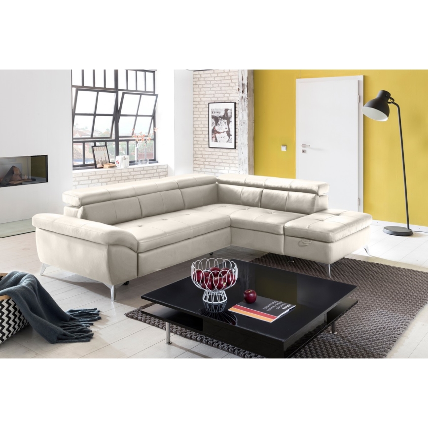 L-formet loungemøbel foldefunktion læder SALERNO II højre beige