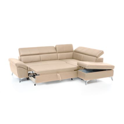 L-formet loungemøbel foldefunktion læder SALERNO II højre beige