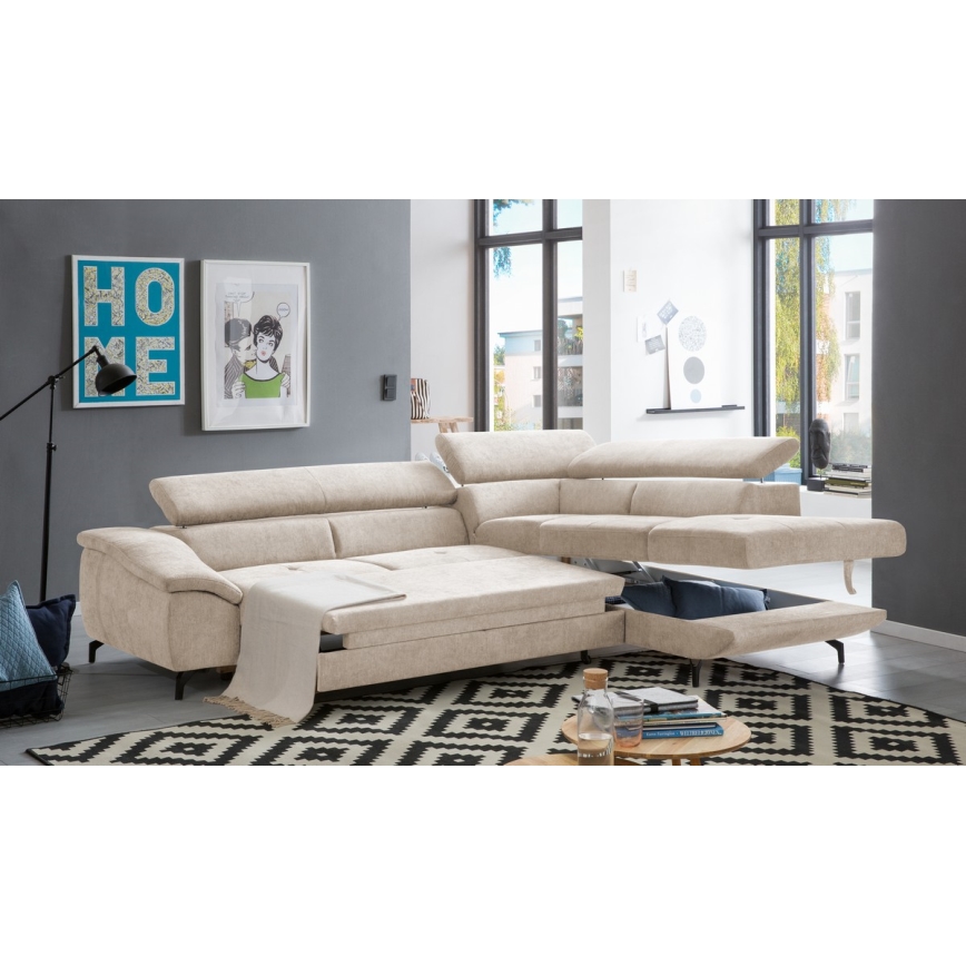 L-formet loungemøbel m. opbevaringsplads foldbar BRESCIA højre beige