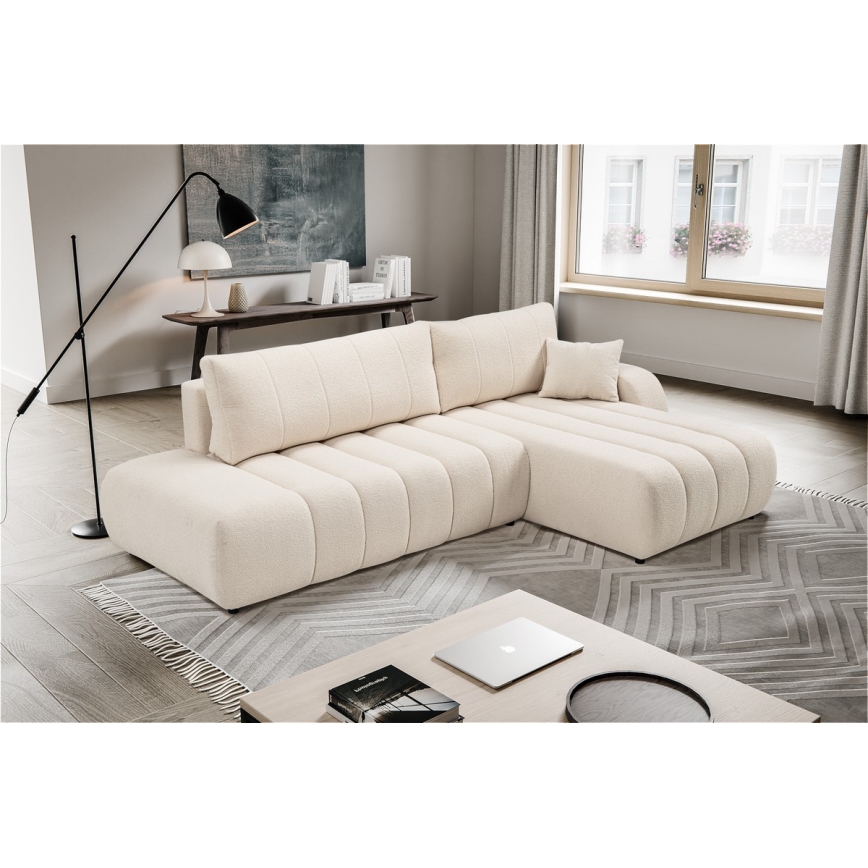 L-formet loungemøbel m. opbevaringsplads foldbar DESIO højre beige
